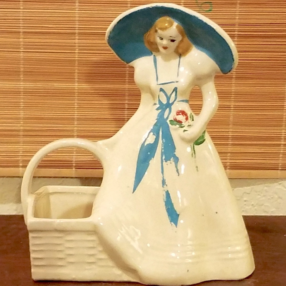 Charming Ceramic Lady Figurine with Basket - Blue and White